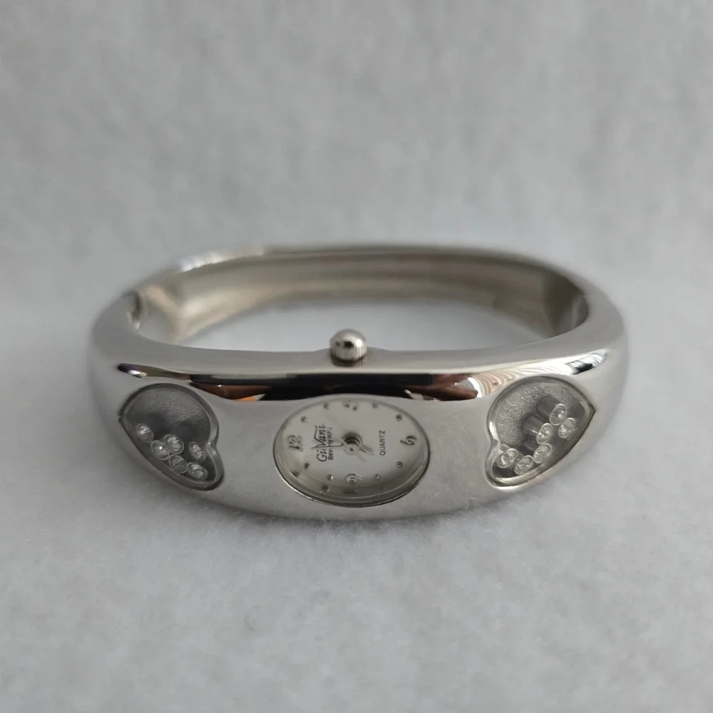 Giovani Beverly Hills Watch Bangle Cuff Silver Heart Floating Crystal UNTESTED